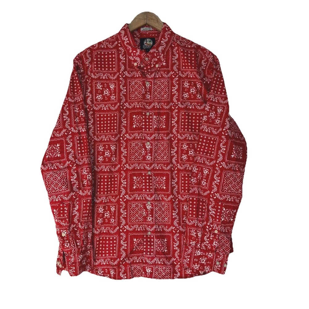Reyn Spooner Button-Down Shirt Men's Large Red Patchwork Motif Tailored Fit